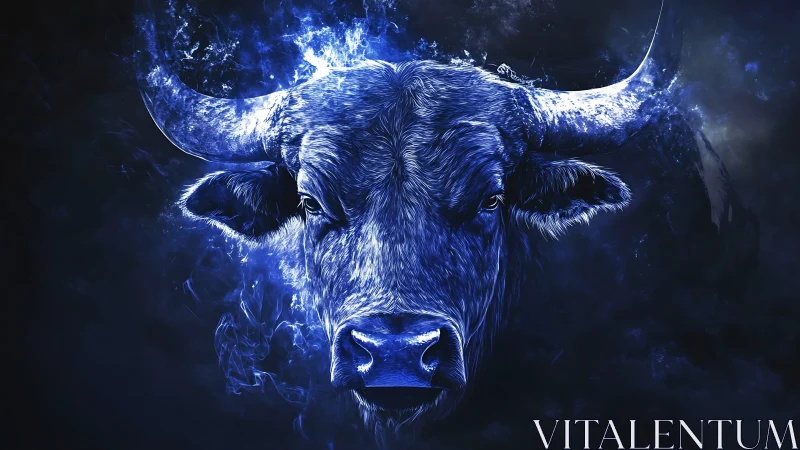 Celestial blue bull rising from swirling cosmic shadows.