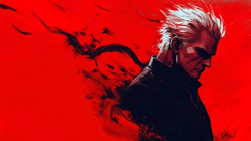 White haired man dissolves into black smoke over red void