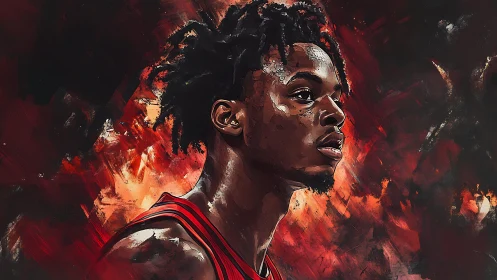 Dynamic basketball portrait with fiery textured backdrop.