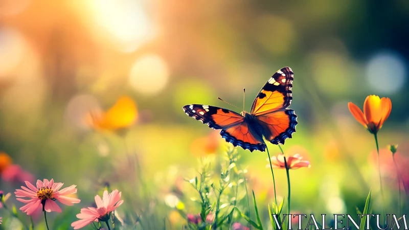 Butterfly hovers above wildflowers in shallow depth of field