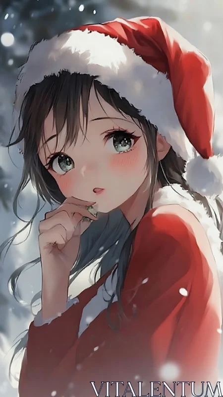 Anime girl in red Santa outfit under soft winter snowfall.