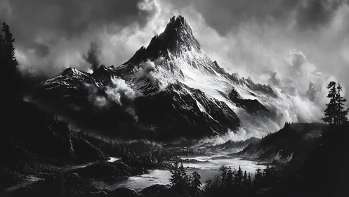 Storm-laden alpine peak towers over shadowed glacial valley