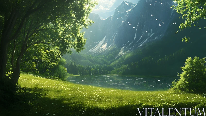 Sunlit lakeside meadow welcomes quiet moments of wonder