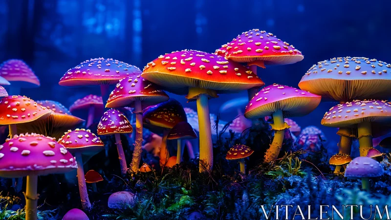 Glowing neon mushrooms illuminate dense nocturnal forest floor