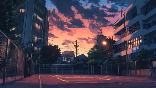 Sunset city basketball court framed by quiet apartments.
