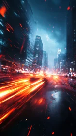 Urban night avenue with red light trails and tall towers.