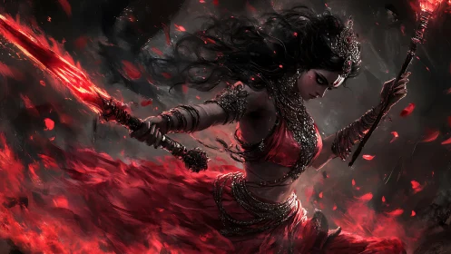 Warrior goddess brandishes twin flaming weapons in motion