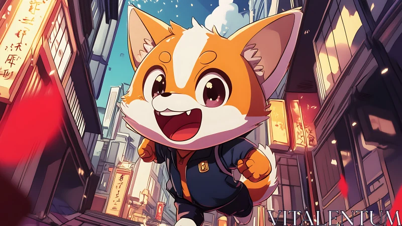 Energetic fox mascot runs through stylized city street.