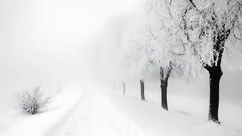 Quiet winter road lined with softly frosted trees and mist.