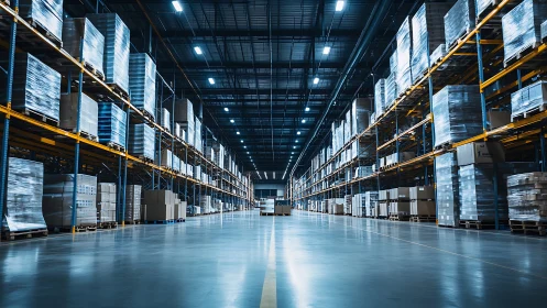 Endless pallet avenues march beneath cool warehouse light