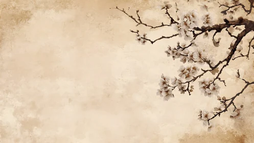 Cherry blossom branch on textured beige background.