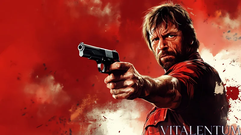 Digital painting of armed man on red kinetic backdrop.