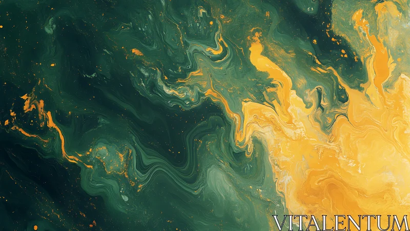 Chromatic fluid dynamics in dark green and solar yellow field.