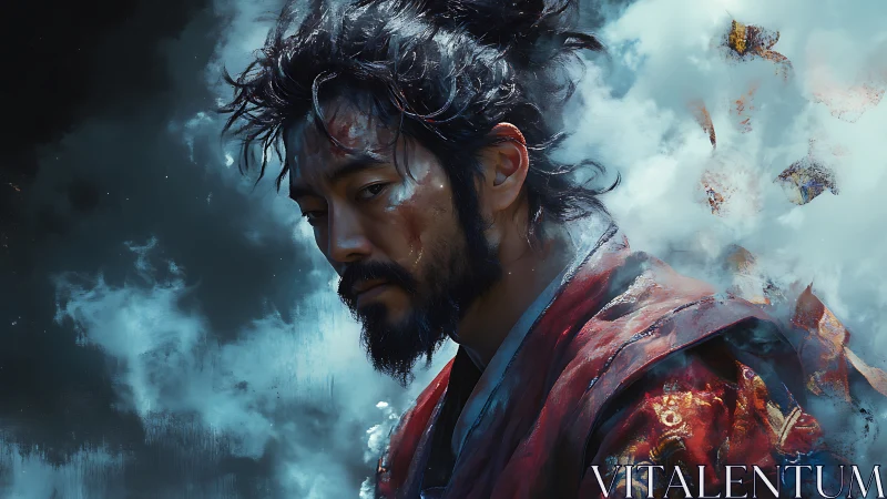 Stormlit samurai in drifting clouds of memory and fire.