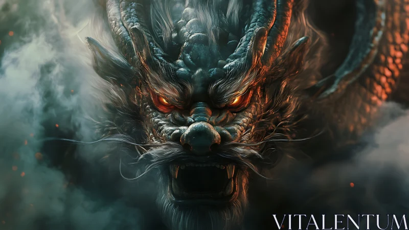 Fiery dragon guardian emerging boldly from swirling smoke.