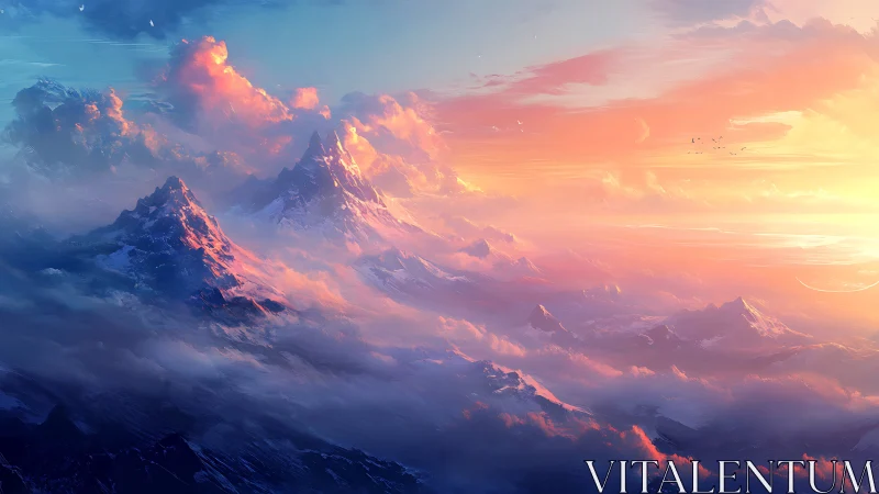 Celestial dawn ignites dreamlike mountains above cloud seas.