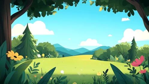 Pastoral landscape with meadow beneath forested canopy.