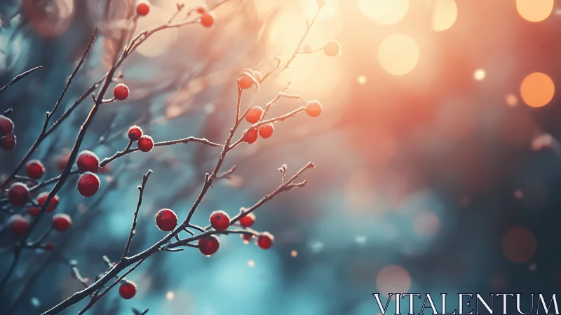 Winter branches with red berries against soft bokeh light.