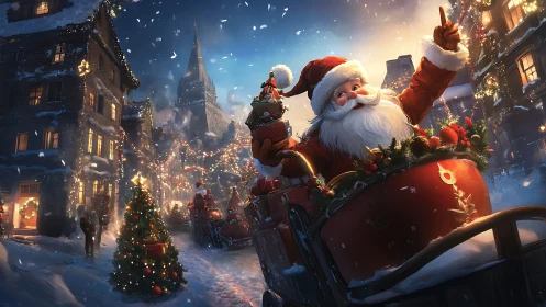 Digital painting of festive Santa parade in snowy village street.