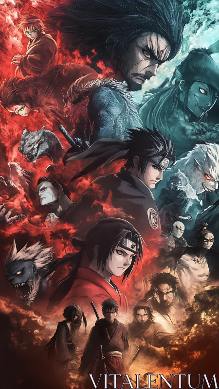 Dramatic ninja warriors amid dual elemental battlefields.