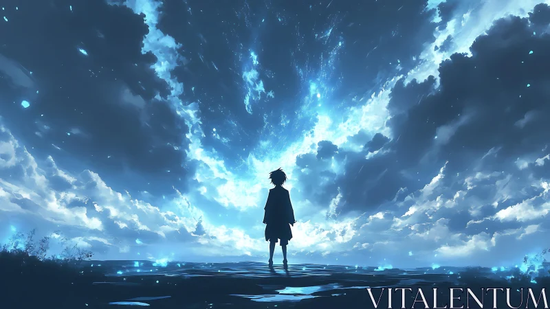 Silhouetted child facing luminous blue storm sky.