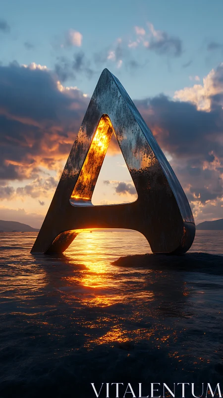 Metallic letter A sculpture over water at sunset glow.