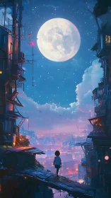 Child faces moonlit cybercity skyline from narrow ledge