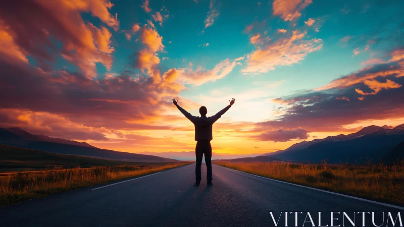 Person standing on open road at vivid sunset horizon.