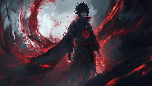 Dark-clad anime figure stands amid swirling red energy field