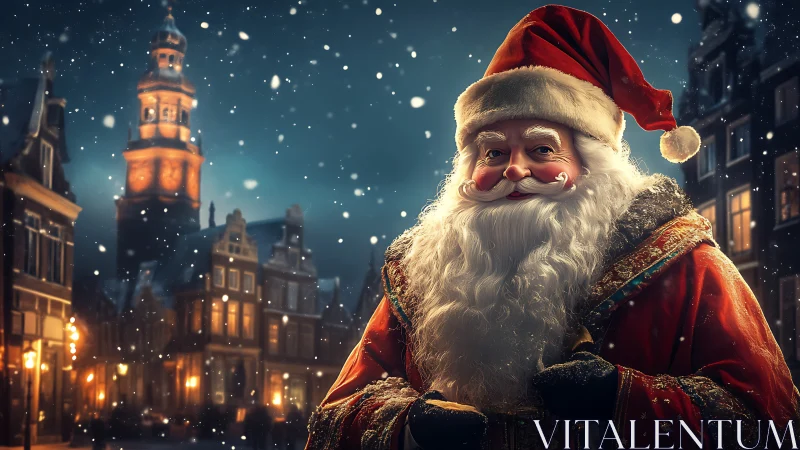 Santa figure in snowy European street at night scene.