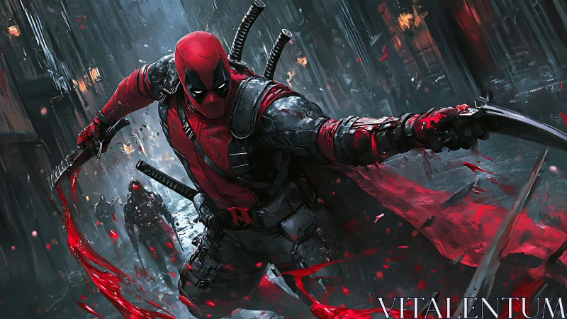 Scarlet mercenary storms a rain-soaked cyberpunk alleyway.