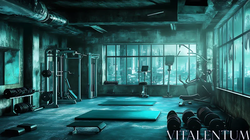 Cyberpunk industrial gym interior with panoramic city windows.