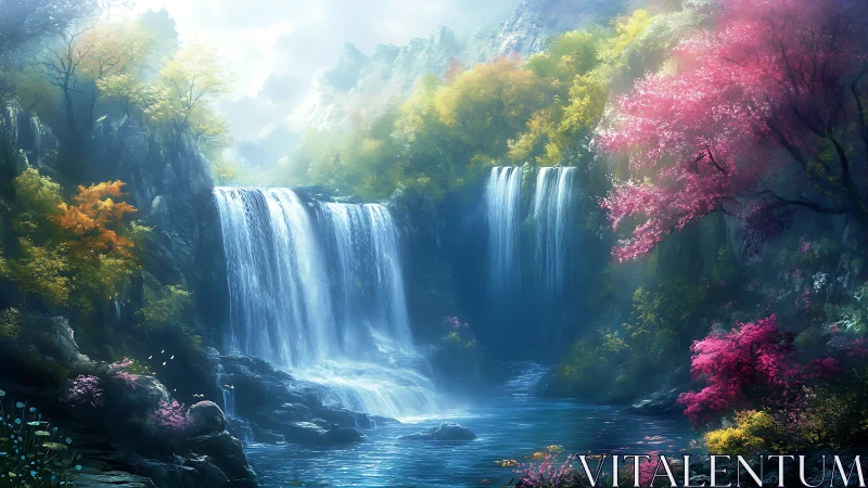 Enchanted twin waterfalls cascade into a misty forest pool