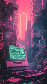 Retro terminal in neon jungle street, towering cyber city.