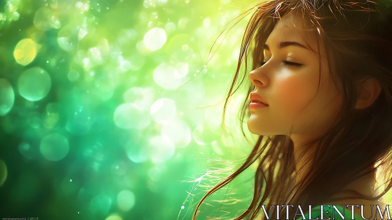 Side profile of young woman against green bokeh background.