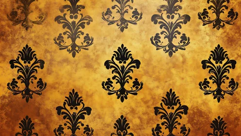 Symmetrical damask wallpaper pattern on distressed golden background