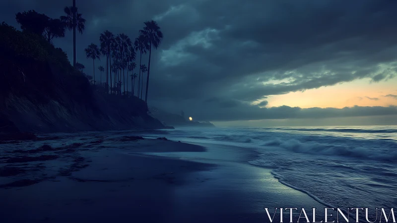 Moody twilight shoreline captures waves under stormy clouds