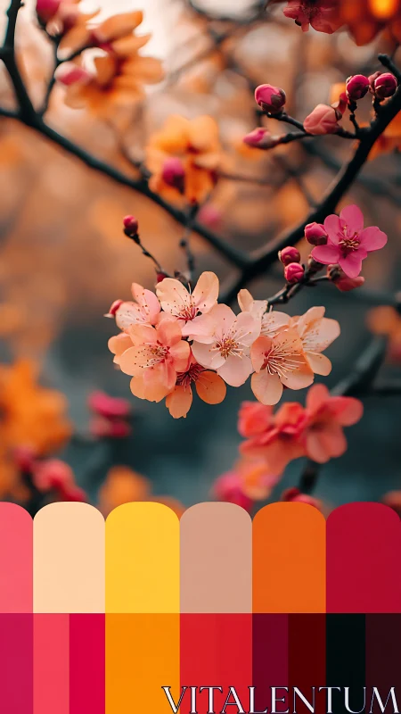 Blossom-kissed branches with cozy warm color swatches.