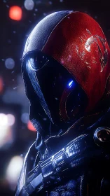 Hooded sci fi vigilante stands in neon soaked midnight haze