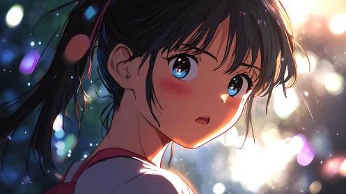 Anime girl with surprised expression in glowing bokeh light.
