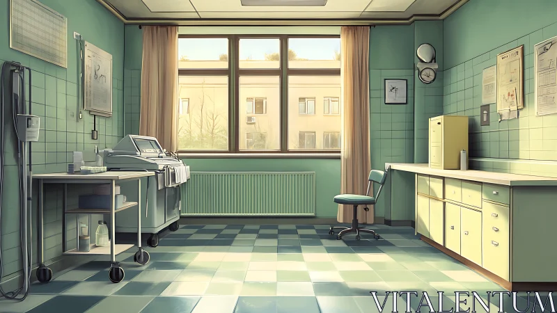 Sunlit mint-tiled clinic quietly waiting between routines.