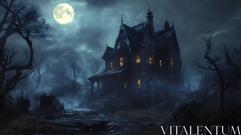 Gothic haunted mansion glows under a looming full moon.