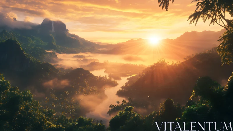 Sun rises over misty 3D-rendered tropical river valley