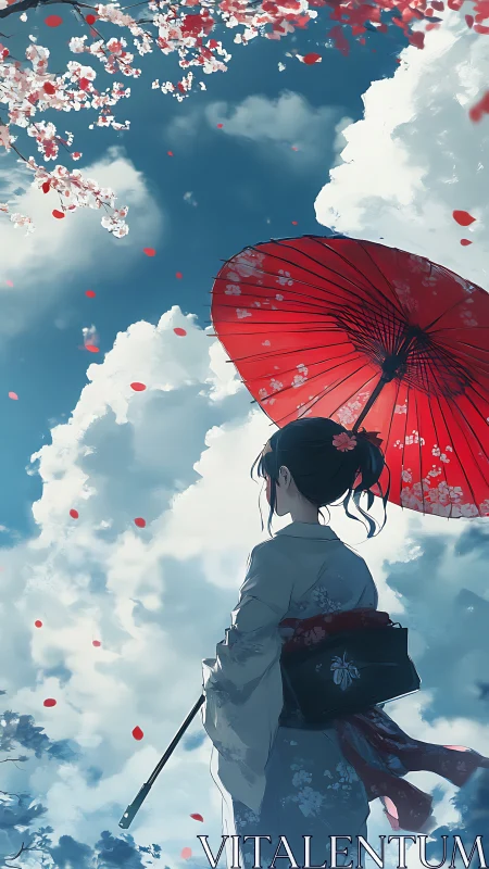Kimono silhouette beneath crimson parasol and drifting petals.