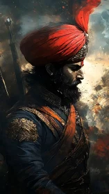 Profile portrait of armed turbaned man in ornate uniform.