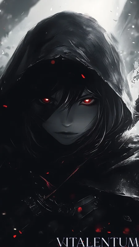 Hooded dark assassin portrait with glowing crimson eyes.