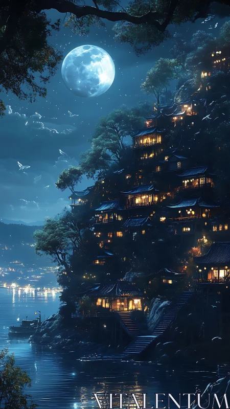 Moonlit hillside village above tranquil lakeside harbor.