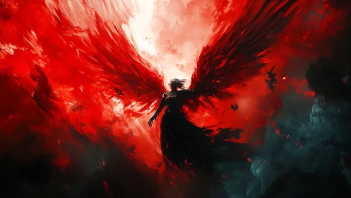 Winged dark figure framed by radial red plume and backlit core