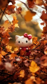 Kawaii cat figurine framed by golden autumn foliage bokeh.