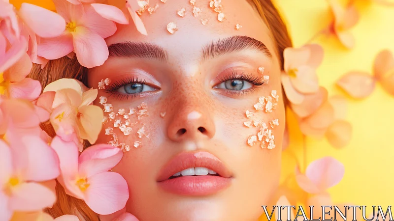 Floral beauty portrait with crystal skin accents on yellow.